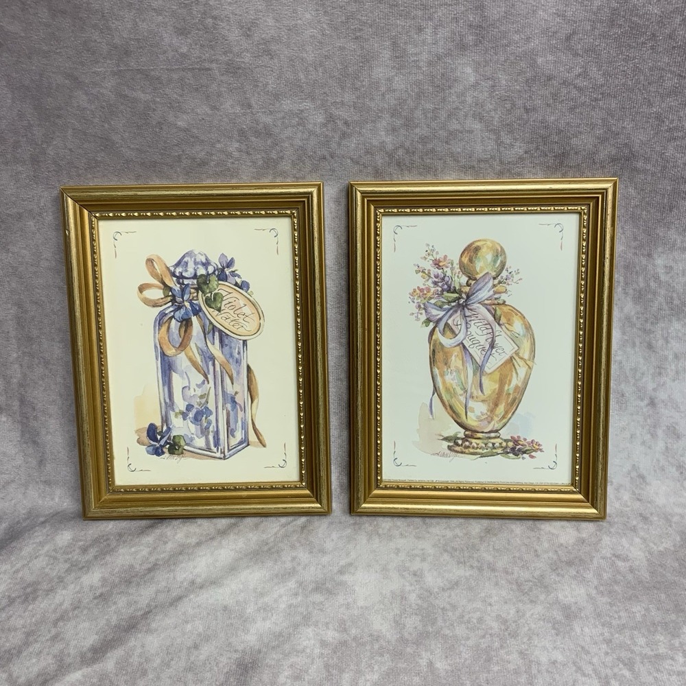 2 Vtg Framed Wall Art Bathroom Vanity Shabby Chic Powder Room Decor Perfume